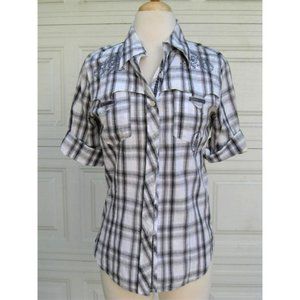 EIIR B&W Plaid Western Shirt M gray Black and White Plaid